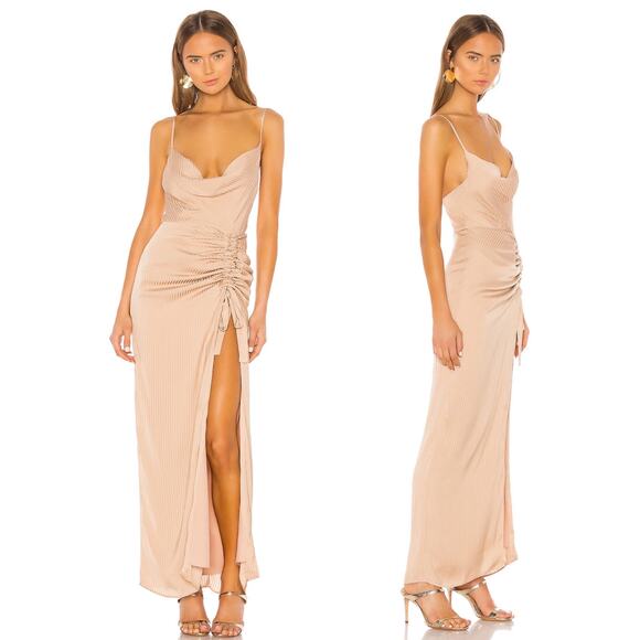 NBD Davis Gown Nude Beige Maxi Dress Ruched Side Slit Stripe Drape Sz S - Picture 1 of 12